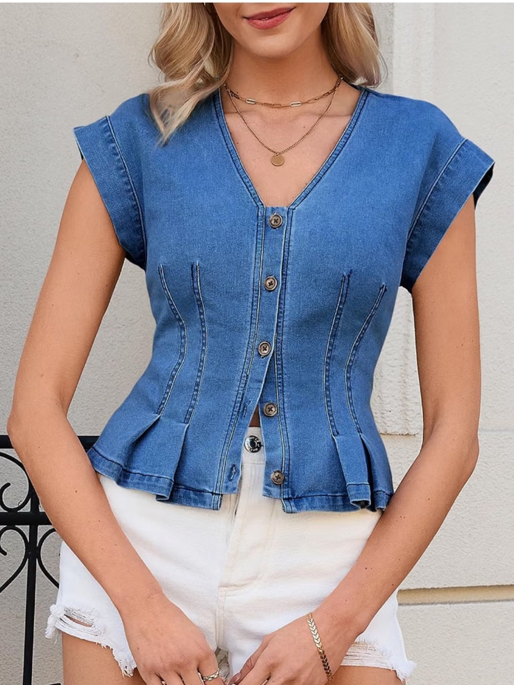 NWT Tankaneo Denim Blue Button Down Pleated Peplum Cap Sleeve V neck Top, Large